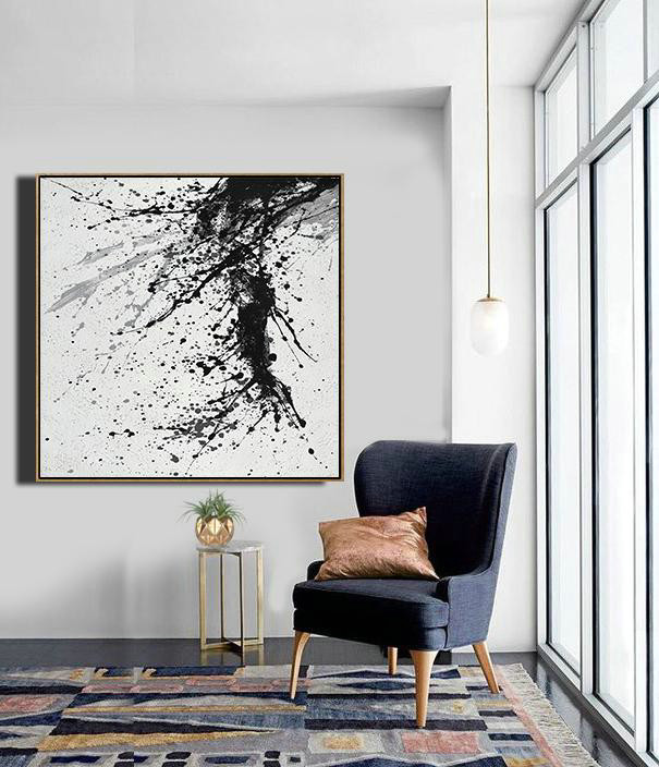 Large Abstract Painting Canvas Art,Minimalist Drip Painting On Canvas, Black, White, Grey - Abstract Art Decor,Contemporary Painting